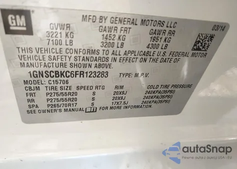 2015 Chevrolet Tahoe Lt from USA, damaged, VIN 1GNSCBKC6FR123283